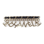 Chanel CC Logo Chain Brooch Metal Leather Gold Black Accessories Cute
