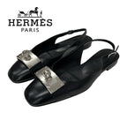 Hermes Innocent Flat Shoes Leather Black Silver Ballet Kelly
