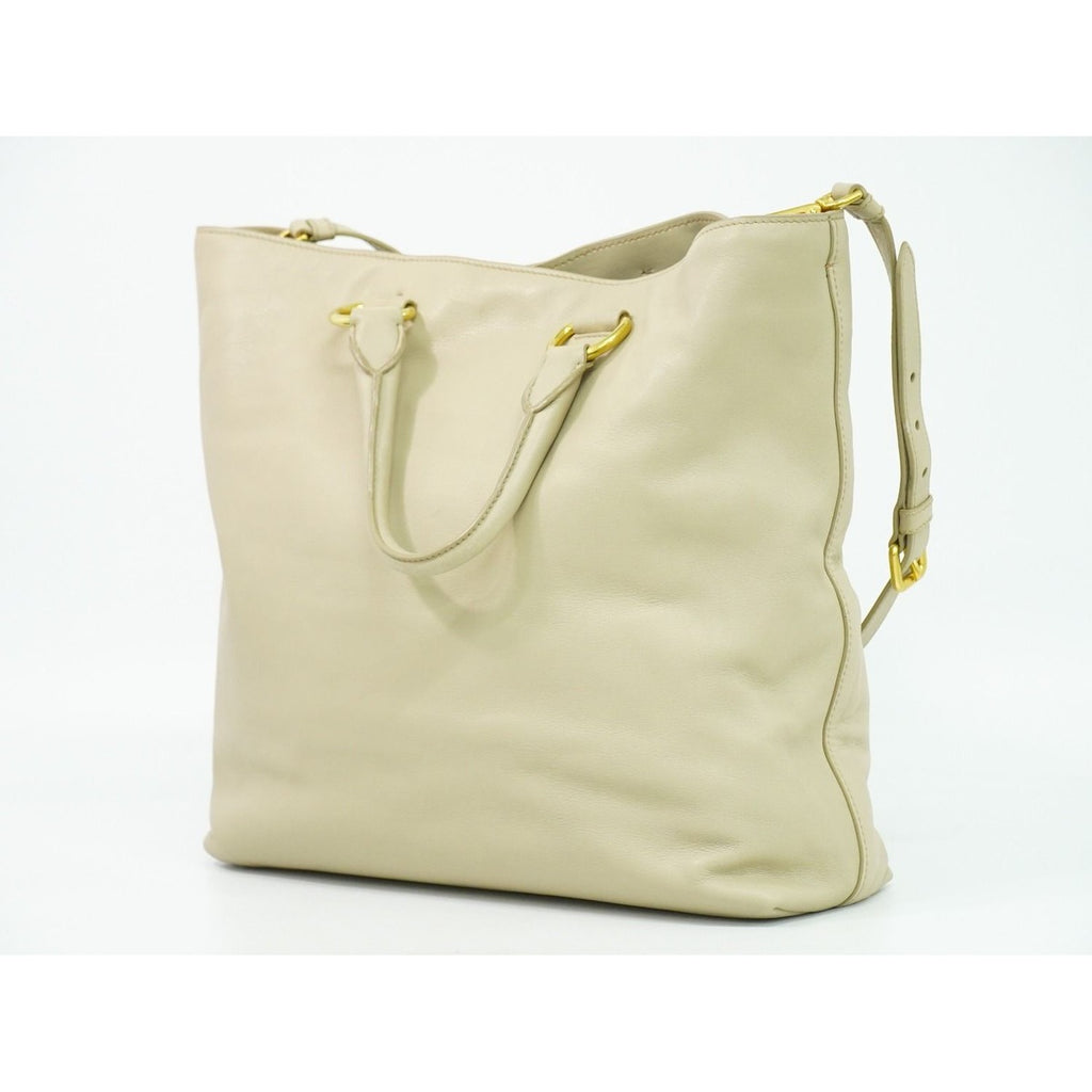 Prada Leather 2-Way Shoulder Bag Tote Beige Outside — view 2