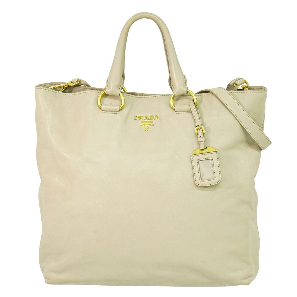 Prada Leather 2-Way Shoulder Bag Tote Beige Outside