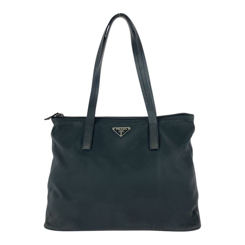 Prada Tessuto Triangle Logo Plate Black Silver Hardware Nylon Leather Tote Bag — view 2