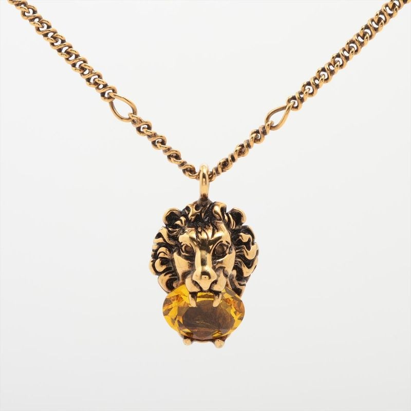 Gucci Michele Period Lion Head Necklace GP Stones Gold Yellow — view 5