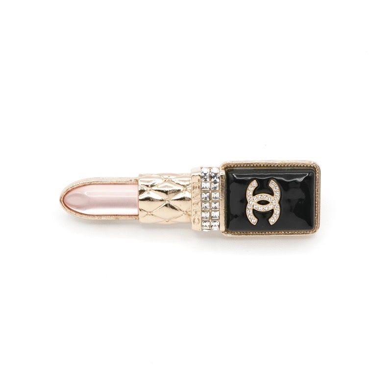 Chanel Brooch Corsage Gold Black Pink Rhinestone Lip Motif — view 3