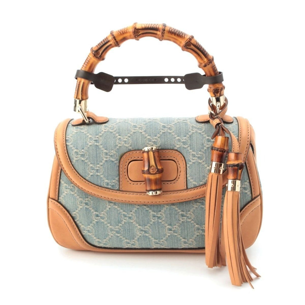 Gucci GG Denim Bamboo Turnlock a Shoulder Bag Ice Blue Beige