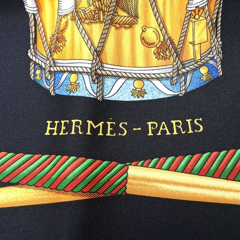 Hermes Scarf Carre 90 Silk Black Gold LES Tambours Tambour Drums — view 3