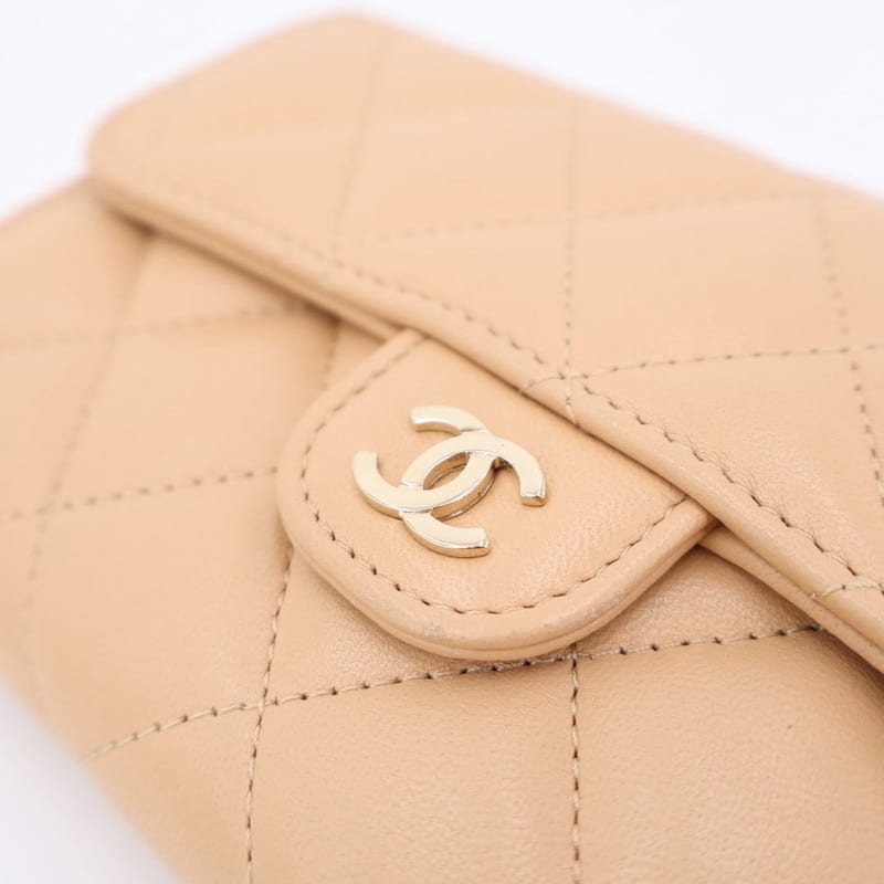 Chanel Quilted Three-fold Long Wallet Coco Mark Lambskin Beige Silver Hardware — view 4