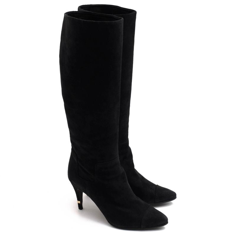 Chanel Long Boots Shoes Women Suede Leather Black High Heel Sole — view 2