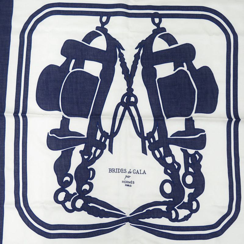 Hermes Carre 90 Brides De Gala Tattoo Cotton Silk Polyester White Navy — view 3