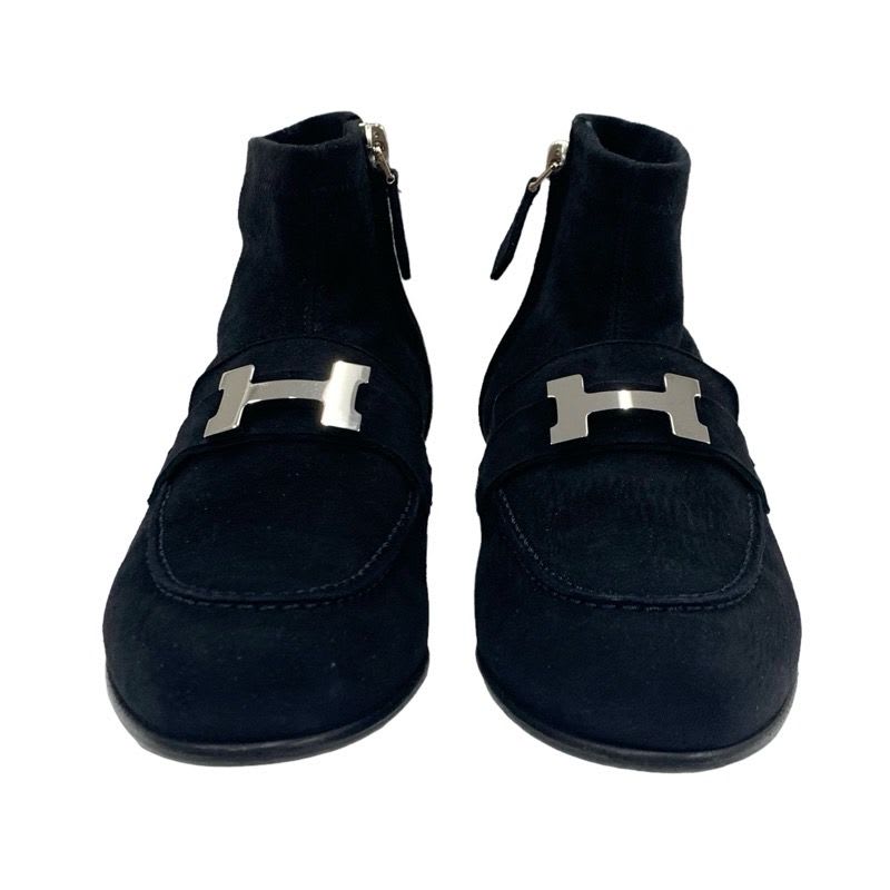 Hermes Saint Honore Boots Short Shoes Suede Black Silver Constance — view 2