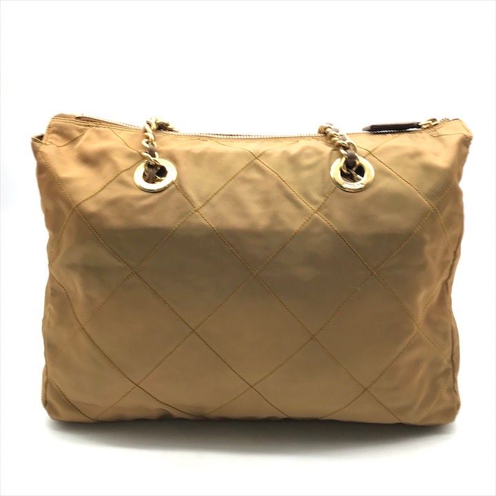 Prada Triangle Logo Nylon Tessuto Chain Tote Camel — view 2