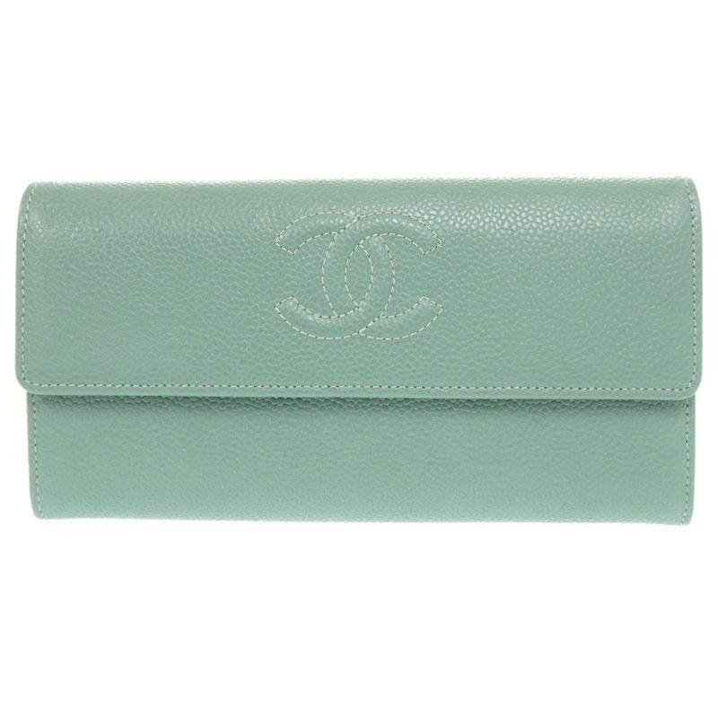 Chanel Coco Mark Caviar Leather Silver Hardware Mint Green Long Wallet 0330