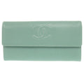 Chanel Coco Mark Caviar Leather Silver Hardware Mint Green Long Wallet 0330