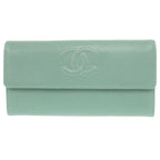 Chanel Coco Mark Caviar Leather Silver Hardware Mint Green Long Wallet 0330