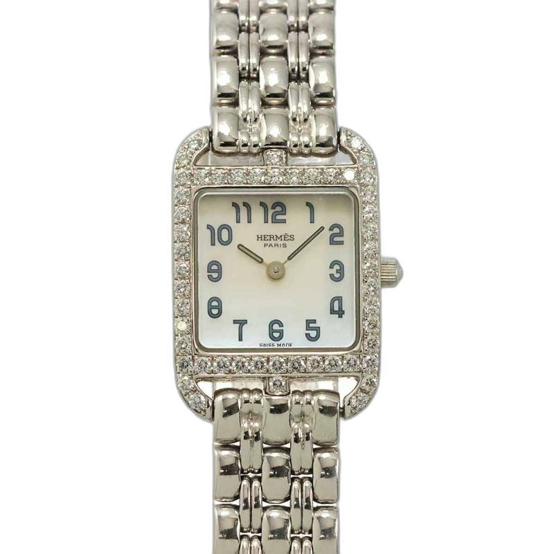 Hermes Cape Cod Mini Cc1 192 Watch Diamond Bezel White Shell 18k Gold Quartz