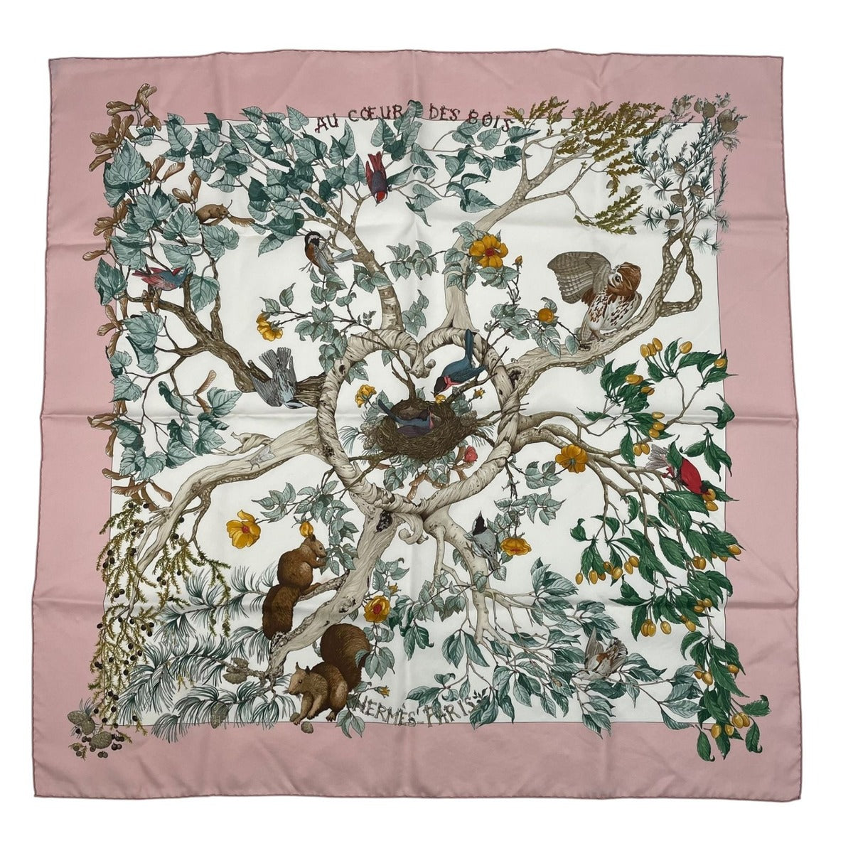 Hermes Carre 90 Scarf AU Coeur Des Bois in the Forest 100% Silk Pink Box — view 2