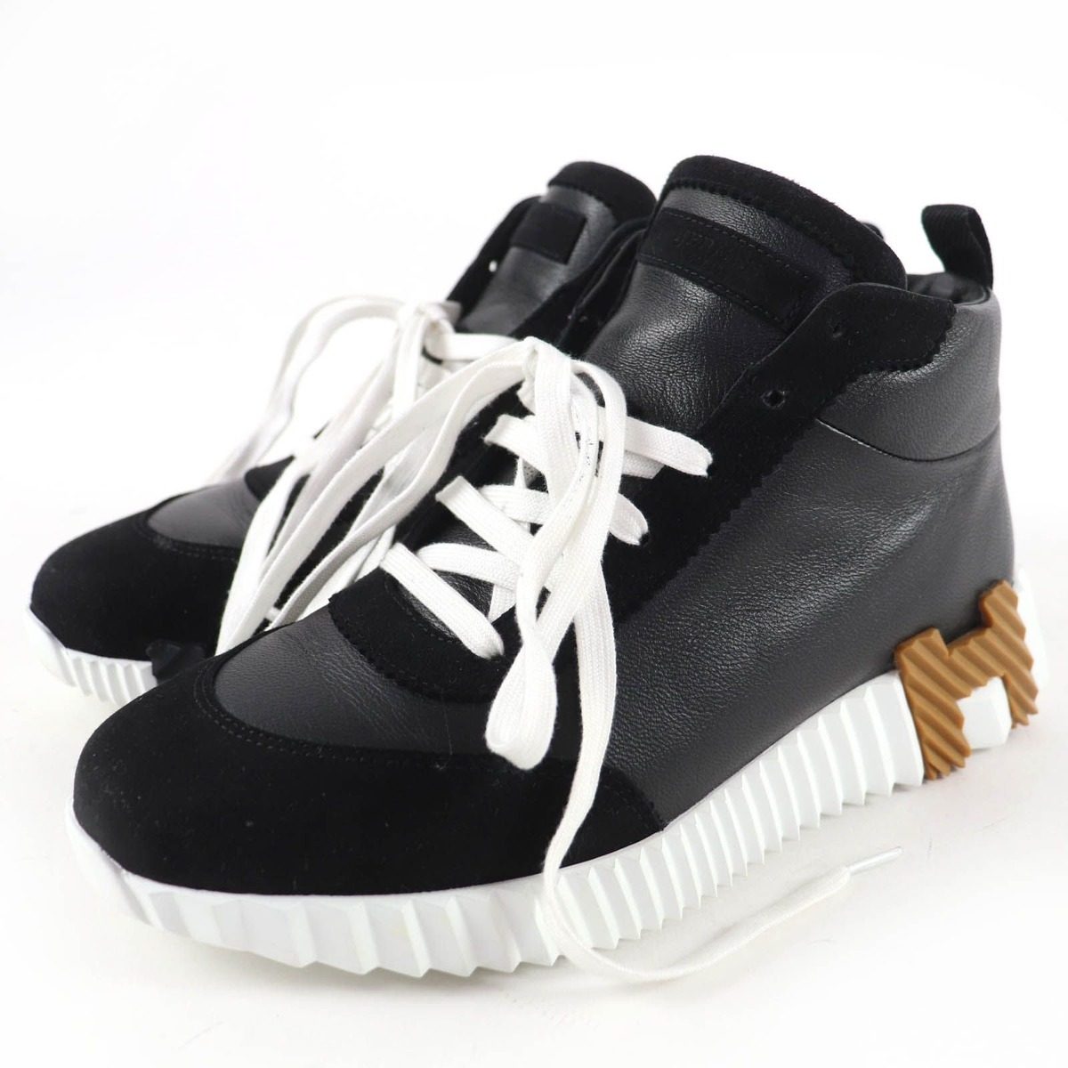Hermes Hip Hop H Logo Lace Up Leather High Cut Sneakers Black 37