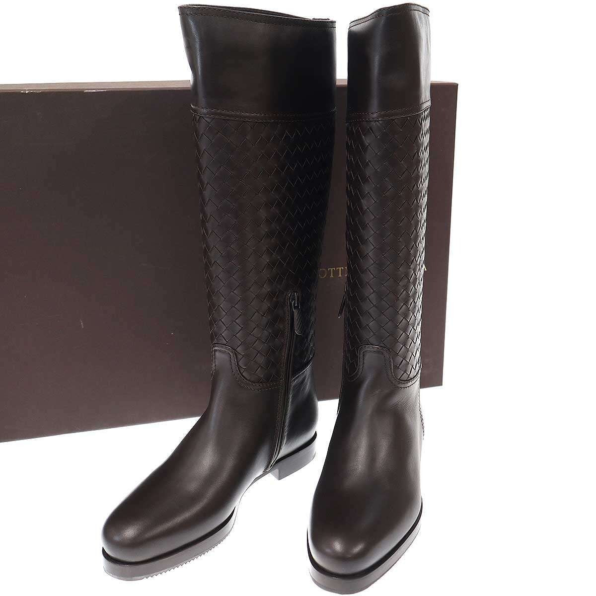 Bottega Veneta Intrecciato Leather Long Boots Brown 36