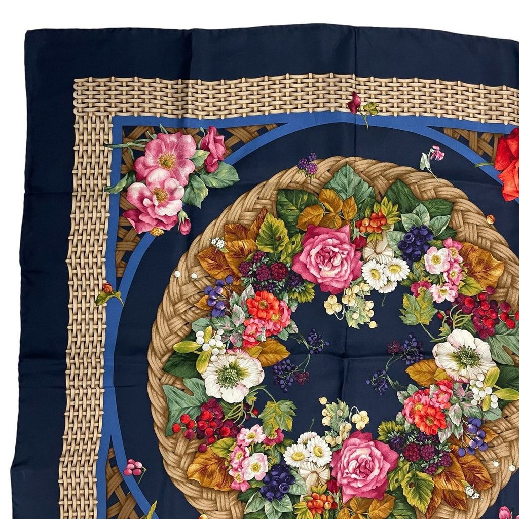 Gucci Scarf Silk Basket Pattern Flower Wreath Floral Rose Navy — view 2