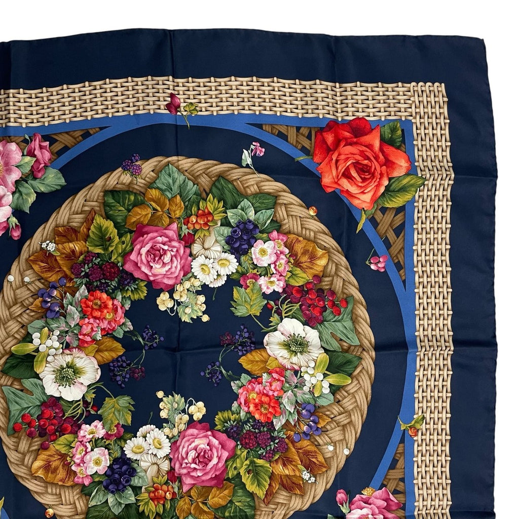 Gucci Scarf Silk Basket Pattern Flower Wreath Floral Rose Navy — view 3