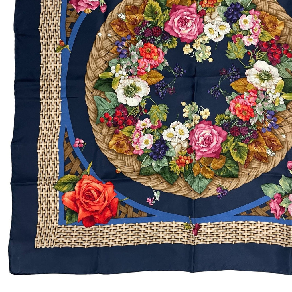 Gucci Scarf Silk Basket Pattern Flower Wreath Floral Rose Navy — view 4
