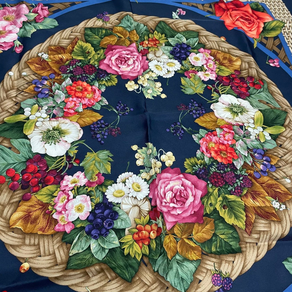 Gucci Scarf Silk Basket Pattern Flower Wreath Floral Rose Navy — view 6