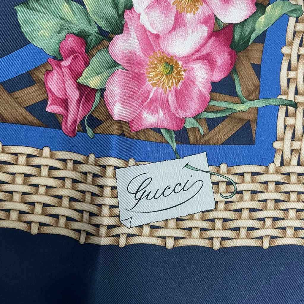 Gucci Scarf Silk Basket Pattern Flower Wreath Floral Rose Navy — view 7