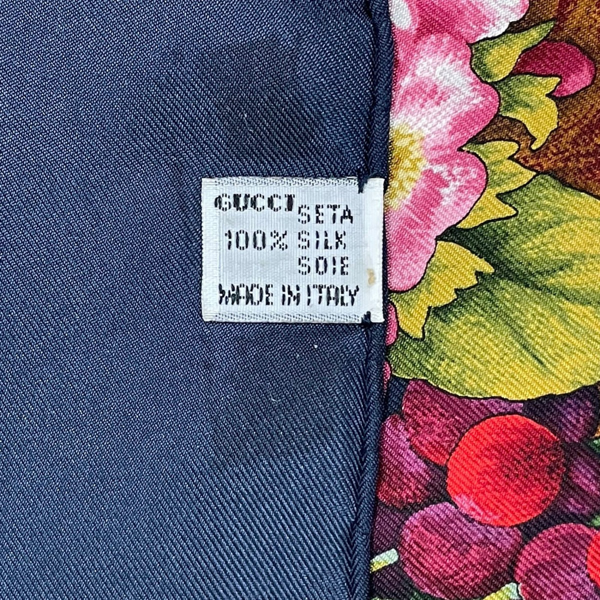 Gucci Scarf Silk Basket Pattern Flower Wreath Floral Rose Navy — view 8