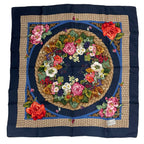 Gucci Scarf Silk Basket Pattern Flower Wreath Floral Rose Navy