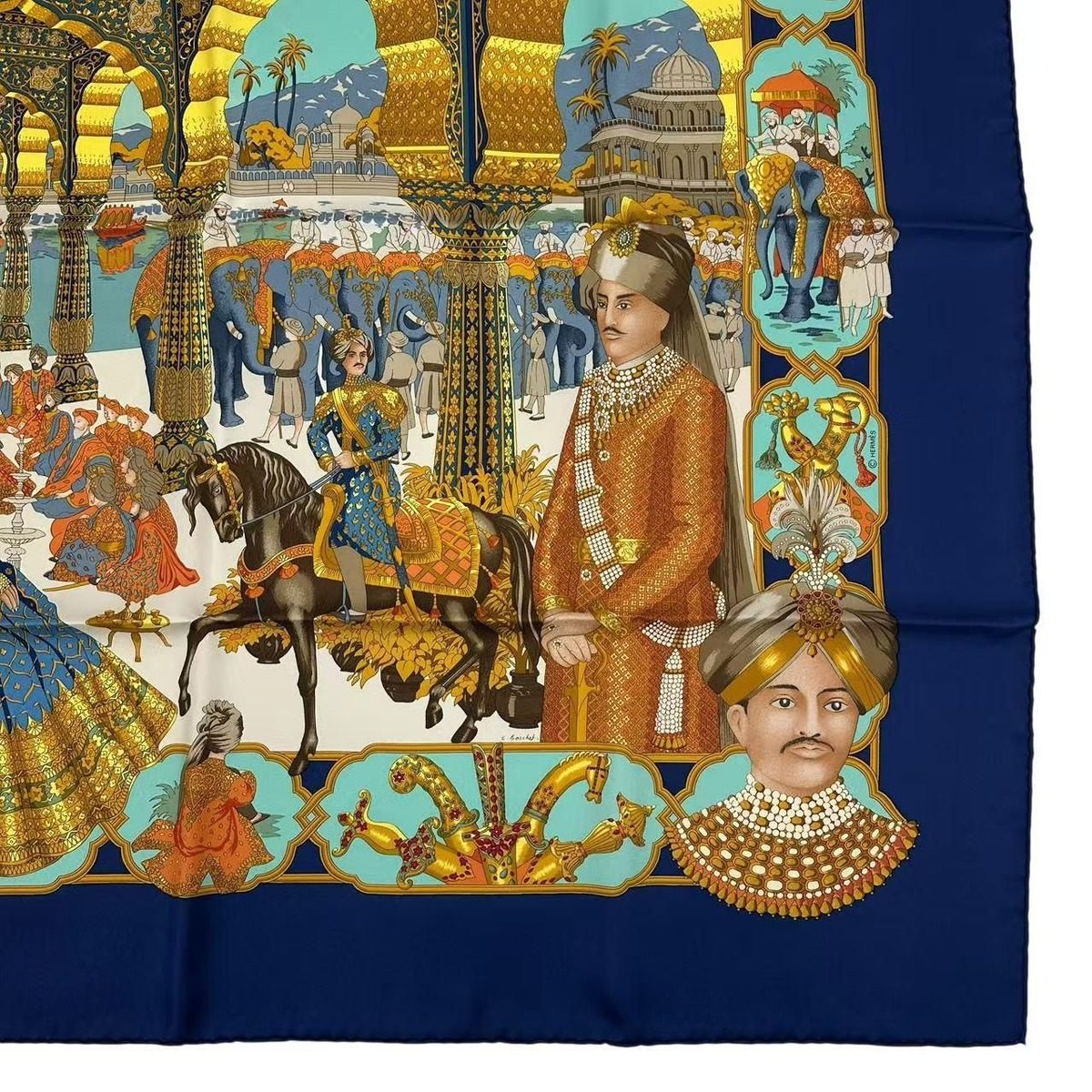 Hermes Carre 90 Silk Scarf Splendeur Des Maharajas Splendor Navy — view 6