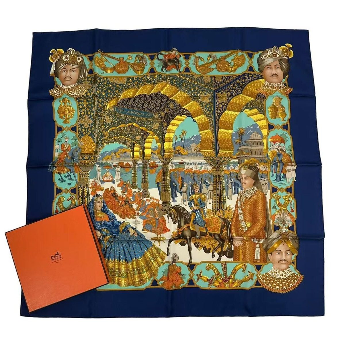 Hermes Carre 90 Silk Scarf Splendeur Des Maharajas Splendor Navy