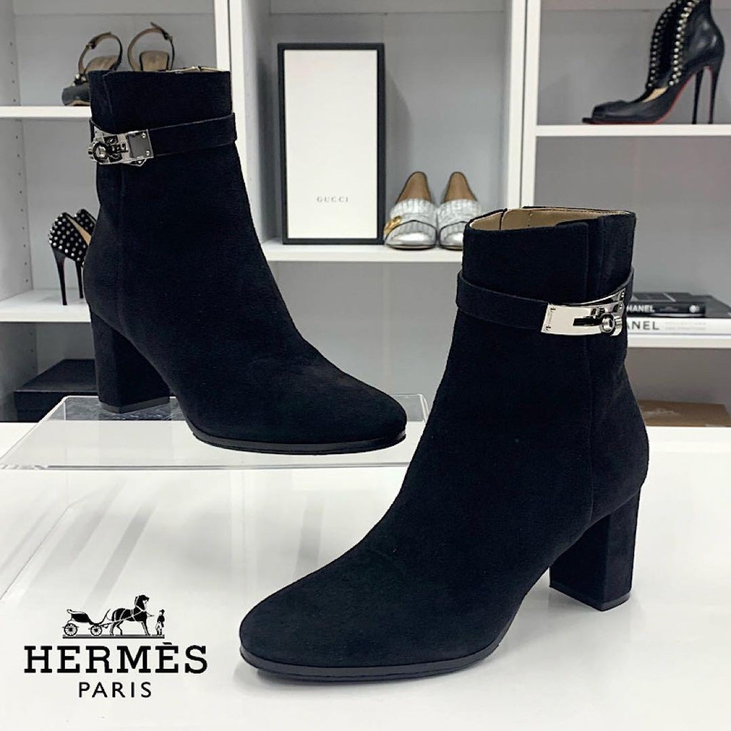 Hermes Saint Germain Kelly Hardware Suede Short Boots Black