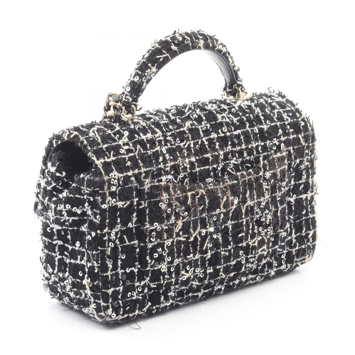 Chanel Shoulder Bag Quilted Top Handle Mini Flap Black White Fabric — view 2