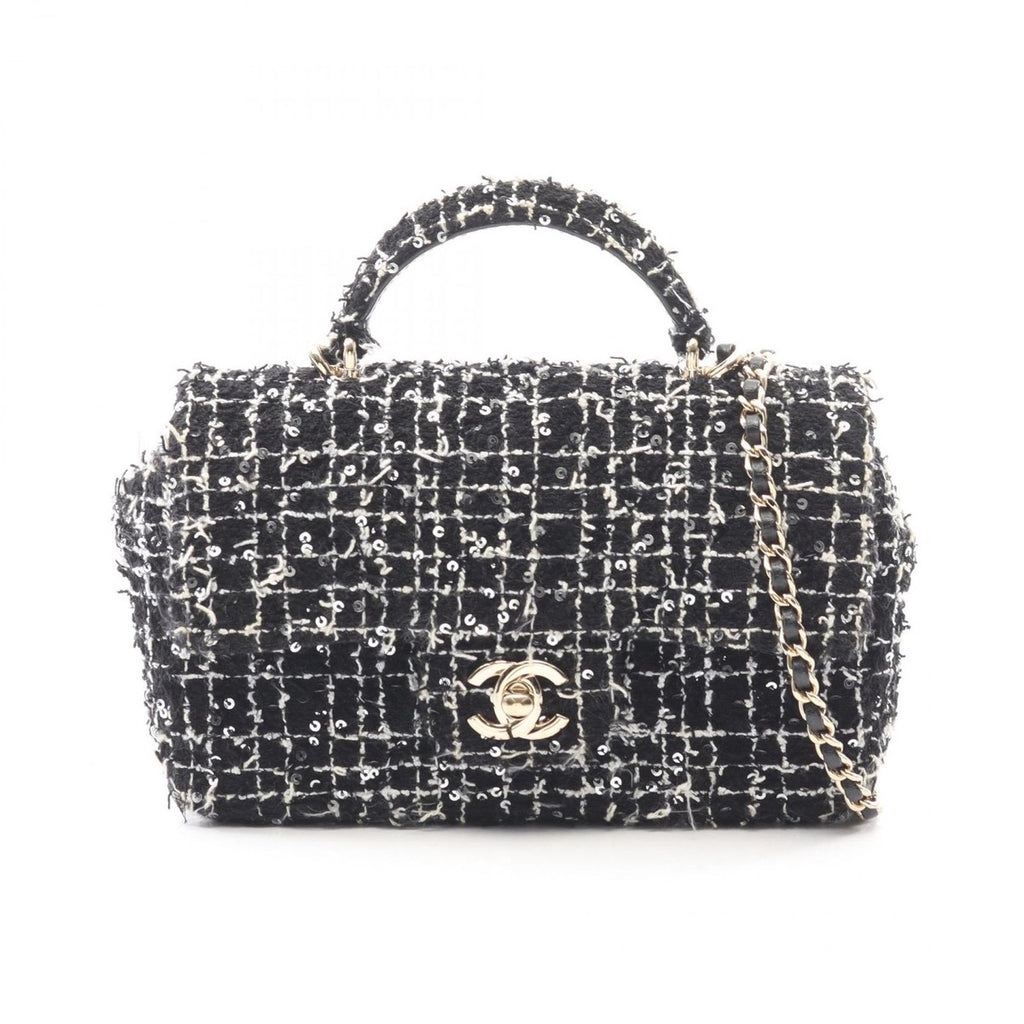 Chanel Shoulder Bag Quilted Top Handle Mini Flap Black White Fabric