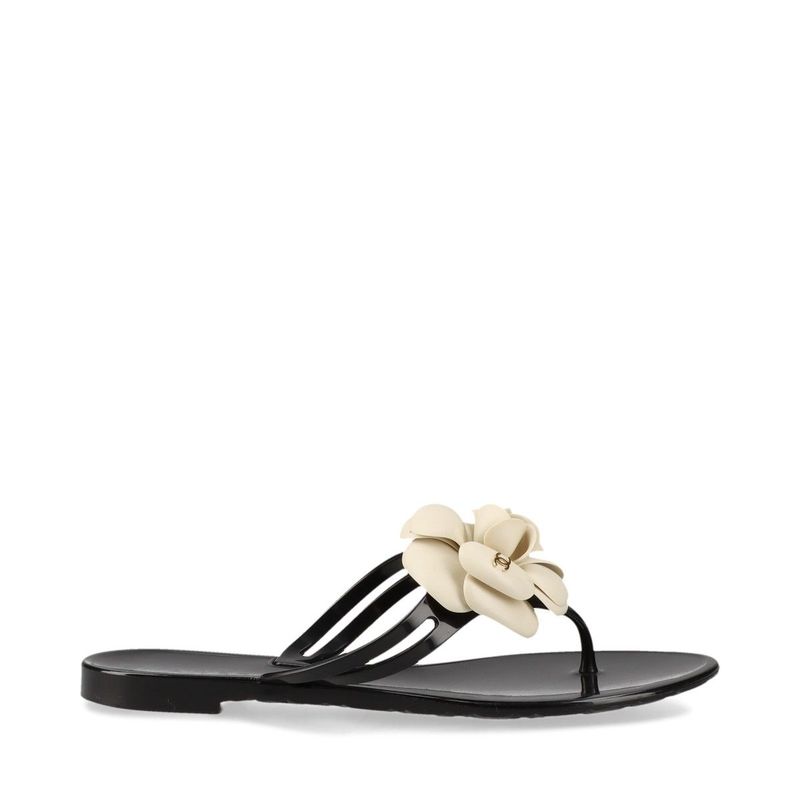 Chanel Coco Mark Camellia Rubber Sandals 35 Black And White — view 4
