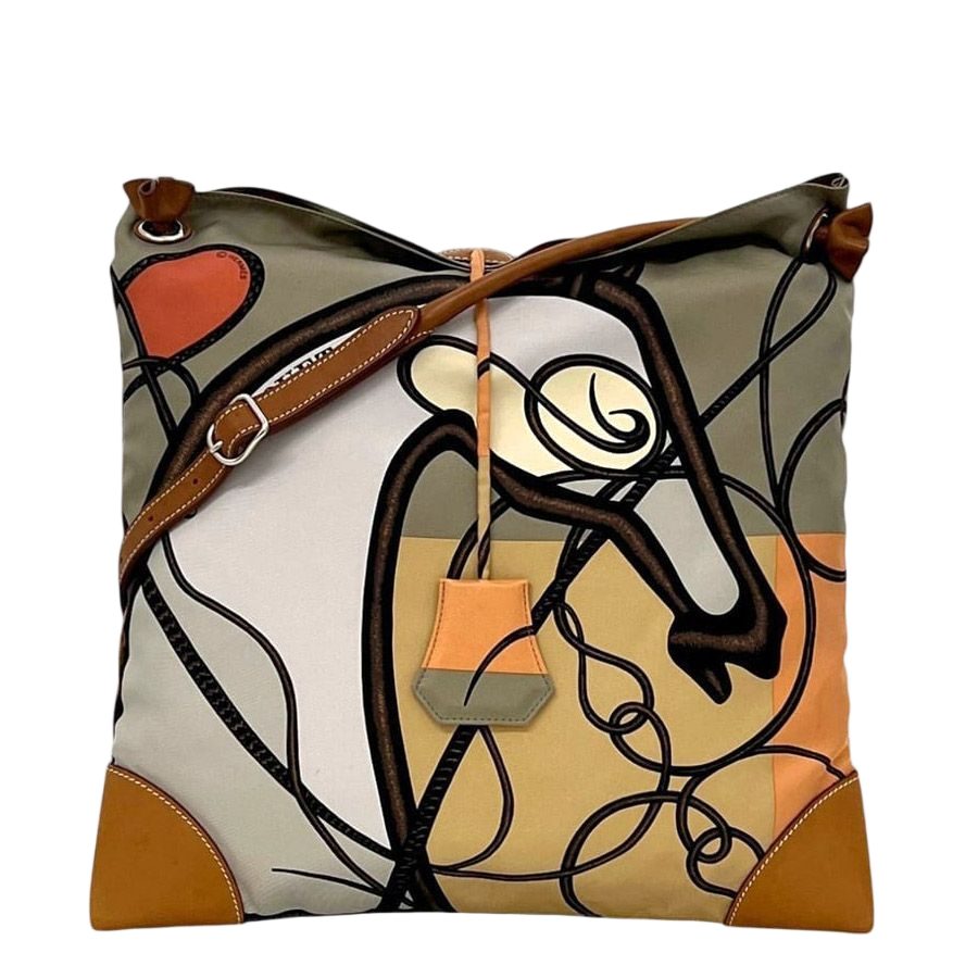 Hermes Shoulder Bag Silky City PM Gray Beige Leather Silk