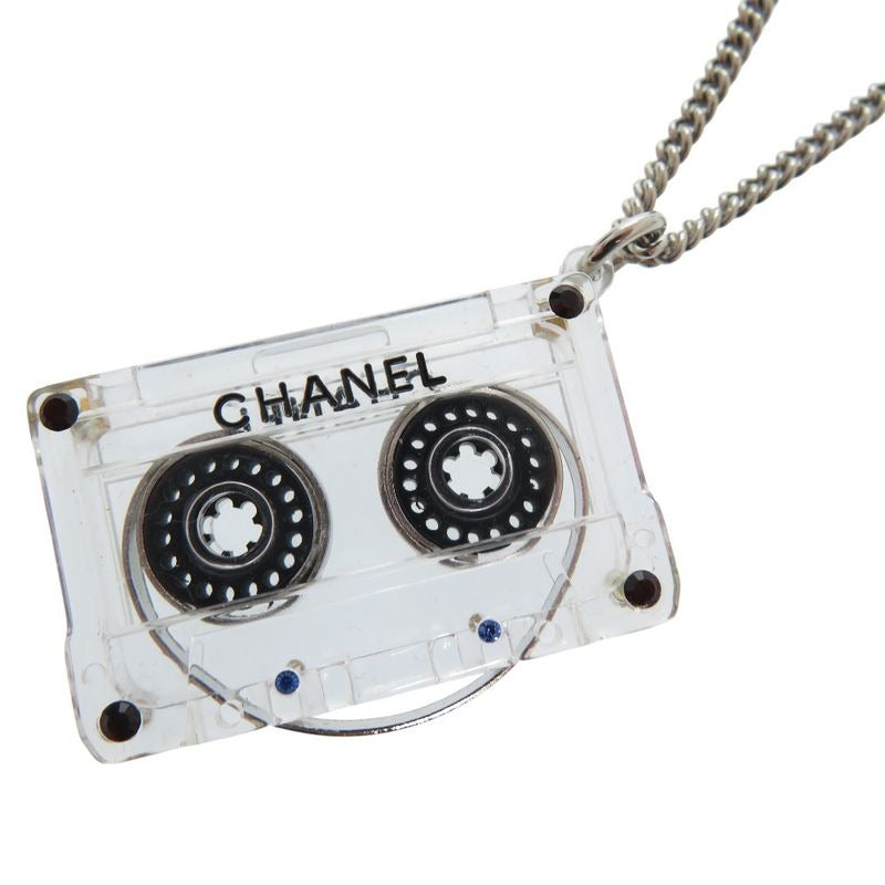 Chanel Cassette Tape Rhinestone Necklace Plastic Clear 1434