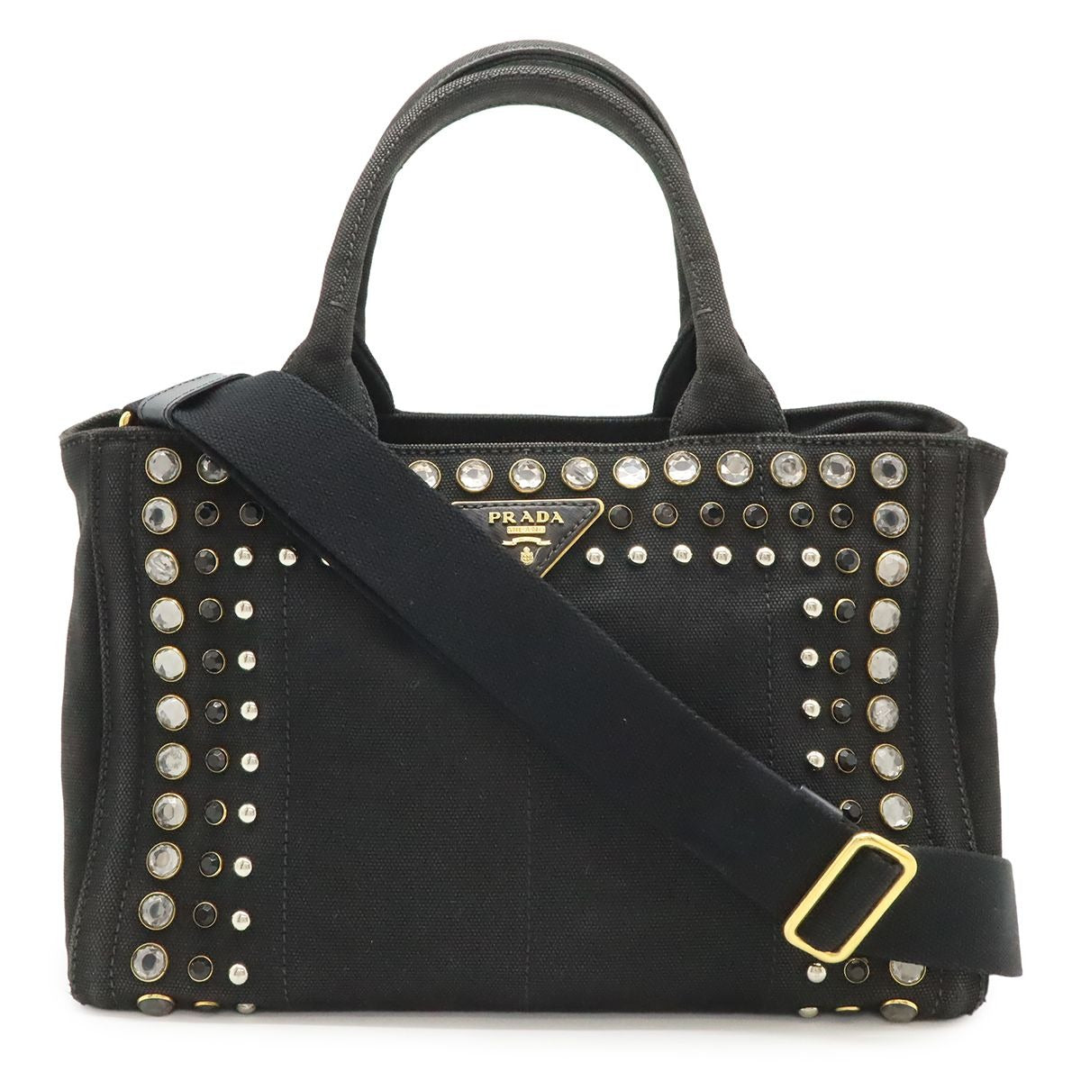 Prada Canapa 2-Way Shoulder Bag Crossbody Bijoux Studded Canvas Nero Black