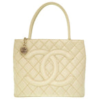 Chanel Medallion Tote Caviar Leather Ivory Grey Gold Hardware Bag 0088