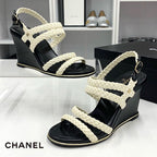 Chanel Lambskin Coco Mark Braided Wedge Sole Sandals White
