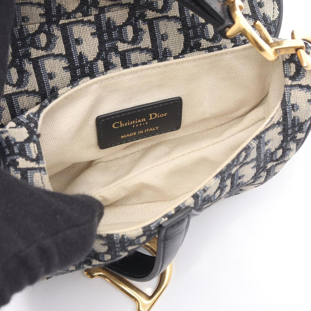 Dior Saddle Bag Mini Oblique Peacock Navy Canvas Leather Ivory Navy. Black — view 3