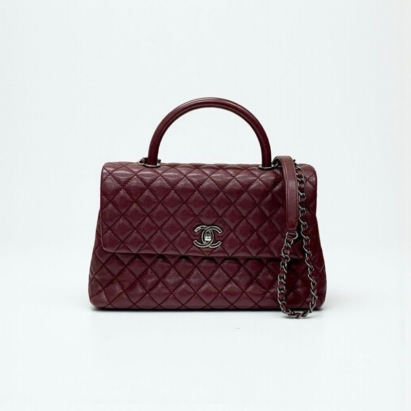 Chanel Bag Shoulder Caviar Leather Bordeaux Silver Quilted Coco Handle