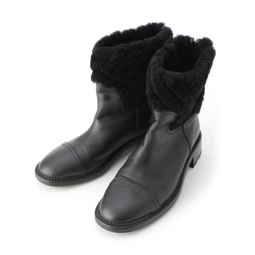 Chanel Leather CC Logo Shearling Quilted Back Zip Boots Shoes Black 39