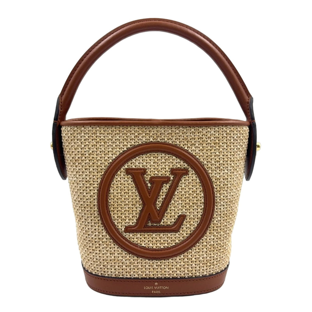 Louis Vuitton Petite Bucket Shoulder Bag Leather Raffia Brown Light Beige Gold