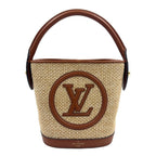 Louis Vuitton Petite Bucket Shoulder Bag Leather Raffia Brown Light Beige Gold