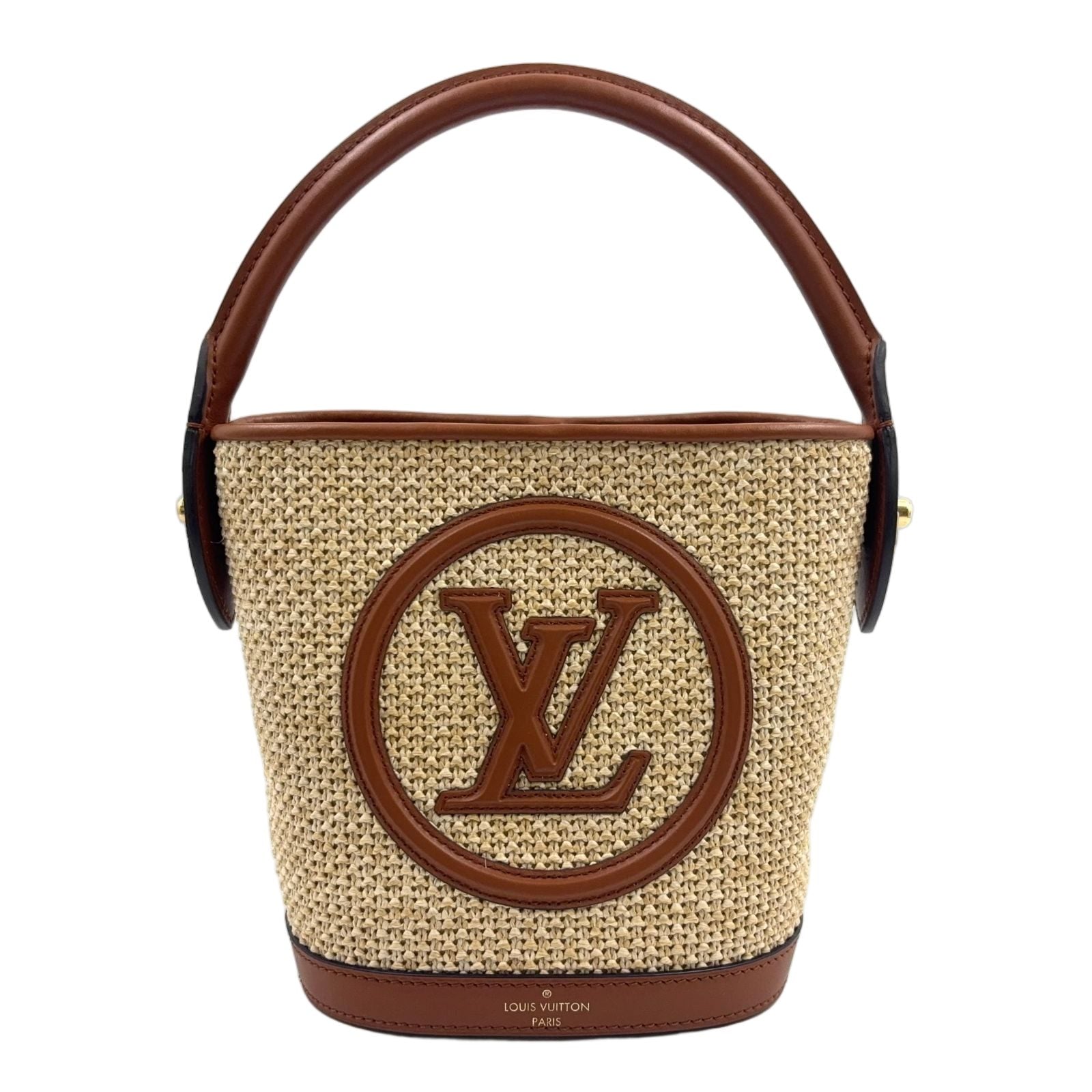 Louis Vuitton Petite Bucket Shoulder Bag Leather Raffia Brown Light Beige Gold