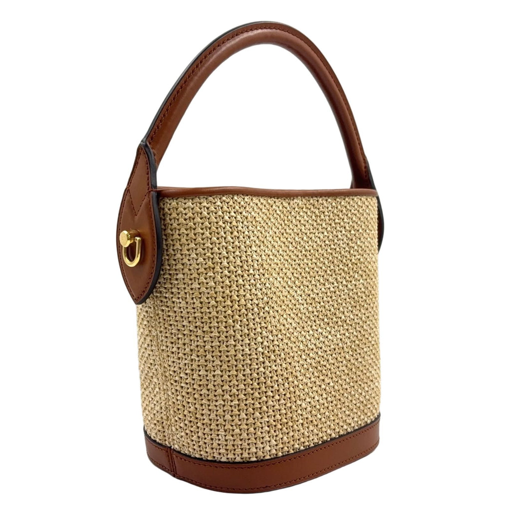 Louis Vuitton Petite Bucket Shoulder Bag Leather Raffia Brown Light Beige Gold — view 2