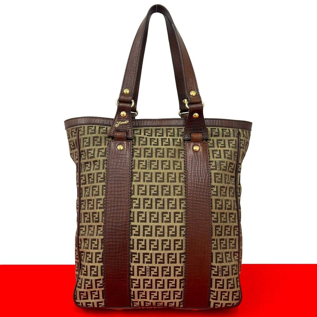 Fendi Zucchino FF Pattern Canvas Leather Tote Business Brown