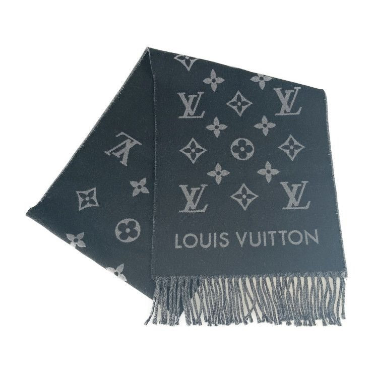 Louis Vuitton Scarf All About Monogram Black Gray 100% Wool Fringe