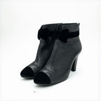 Chanel Boots Short Shoes Leather Velor Black Gold Coco Mark Ribbon