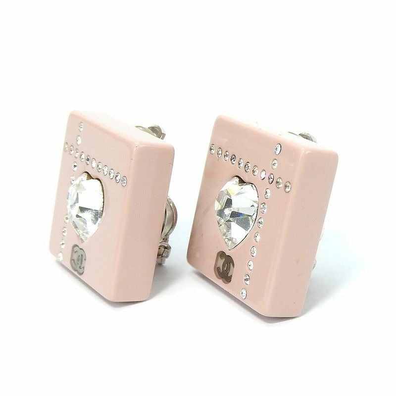Chanel Earrings Square Coco Mark Heart Rhinestone Pink Silver Plated 04 — view 2